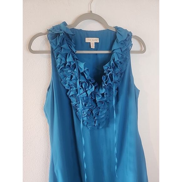 Ted Baker London Mini Poly Sheath Formal Cocktail Dress Blue Teal Ruffle Size 4 - Picture 2 of 6
